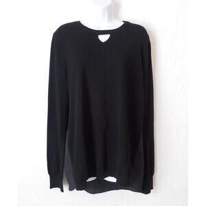 ONE A Women Large Black Top Knit Front  Rayon Back Keyhole Long Sleeve Hi-LowHem